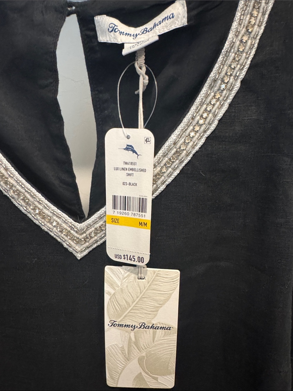 Tommy Bahama - Sleeveless Black V-Neck Shift Dress with Embellished Trim - Picture 2 of 4